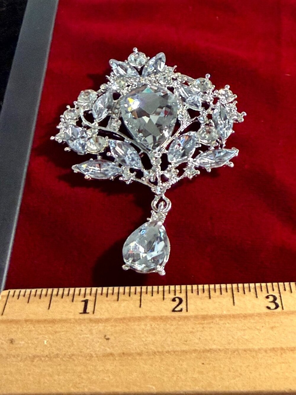 Silver-Tone Rhinestone Teardrop Brooch
